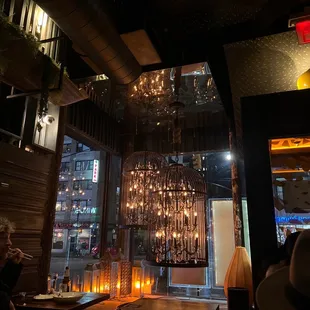 a chandelier hanging from the ceiling