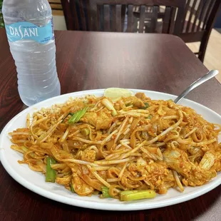 Pad Thai. Big portion. They sprinkle chicken on top. Not that much of it.