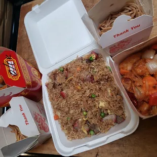 Orange chicken, chow mein, bbq pork fried rice, and house special chicken