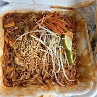 Chicken pad Thai, excuse the mess it was in a to go container