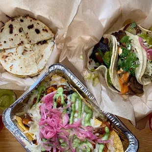Sweet potato nachos, quesadilla and tacos