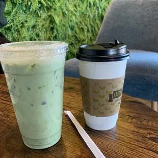 Matcha iced latte and Carmel hot latte