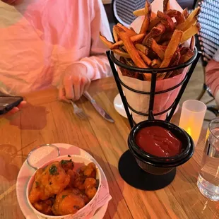 Fried cauliflower with house made ranch (left; a little sour for my taste), Pommes Frites (right)