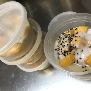 Mango sticky rice. Our regular customers buy it 3 to 5 orders a time.
