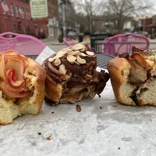 three pastries on a table