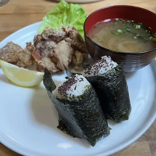 Salmon Onigiri and Karaage Combo with Miso Soup