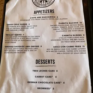 App and dessert menu