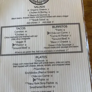 Dinner menu