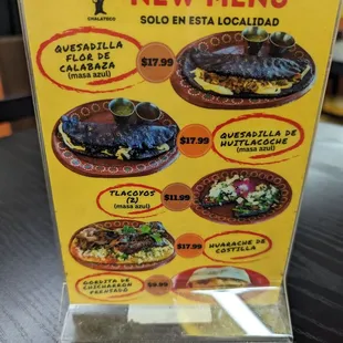 Location exclusive menu (masa azul quesadilla y tlacoyos, huarache de costilla, gordita de chicharrón)
