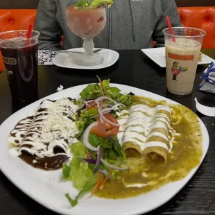 Mole and green sauce enchilada plate
