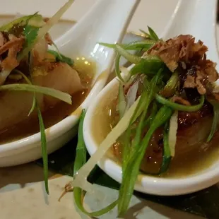 Seared Alaska scallop with green nahm jim praline ginger scallion shallot