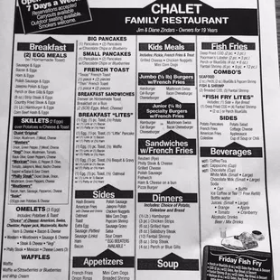 the menu for the chalet of fox lake