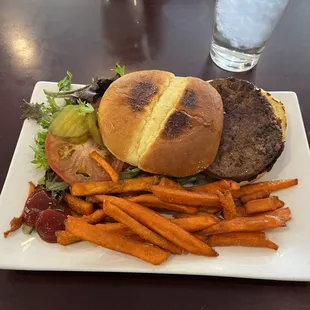 My plant-based burger with sweet potato fries