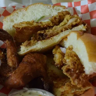 Crispy chicken sandwich and a wing