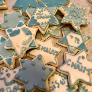 blue and white decorated cookies