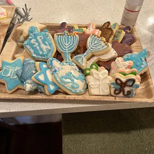 a platter of decorated cookies