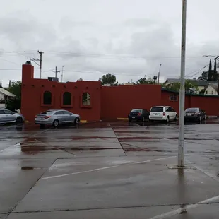 Outside the back of the building.