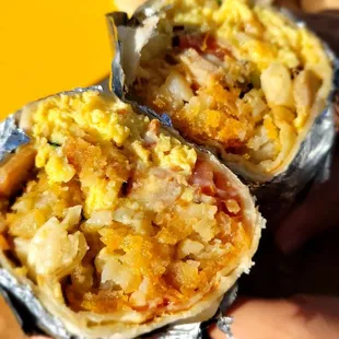 sausage and bacon breakfast burrito
