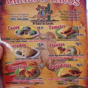 Chalos menu