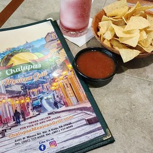 Pomegranate margarita with chips and salsa