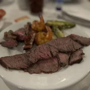 Sirloin, rib eyes and grilled shrimp