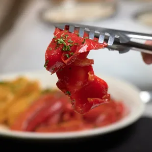 a person holding a fork with a piece of meat on it
