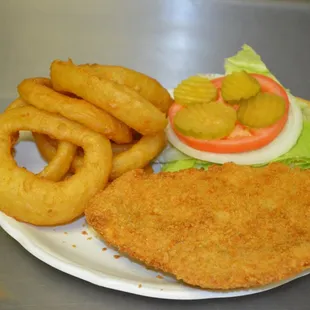 Hand Breaded Tenderloin and Onion Rings