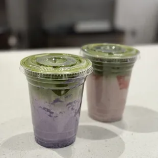 ube and strawberry iced matcha lattes with oatmilk