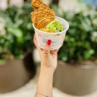 Matcha &amp; black sesame swirls soft serve with warabi mochi + Fishy!