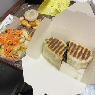 Black bean and sweet potato burrito, side salad