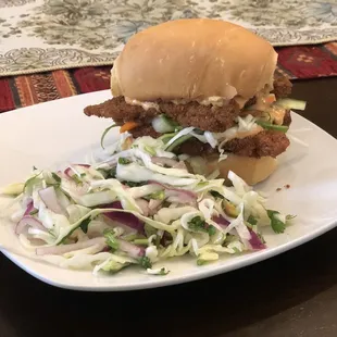 Double Chicken sandwich served with coleslaw