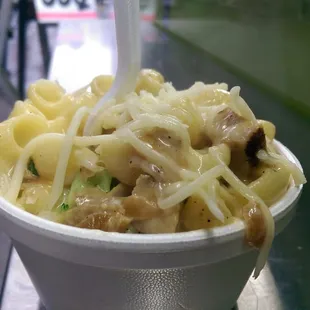 Mac-n-Cheese with chicken, caramelized onions and brocoli