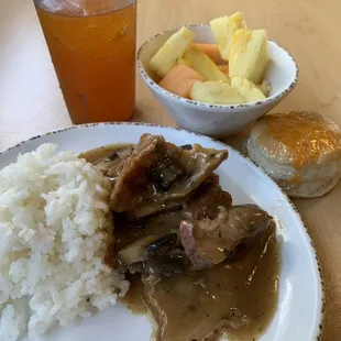 Pork, rice and fruit