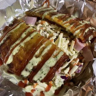 Toston Zuliano - the plantain was ripened so it was on the sweeter side; stuffed with chicken &amp; cabbage