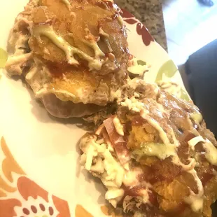 Patacones (fried plantains with ropa vieja (shredded beef in the middle with cheese, cabbage, lots of sauce.