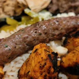 Up close chicken shish taouk and beef kafta.
