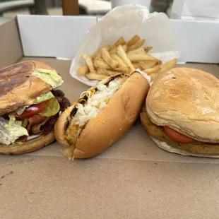 Cheese burger, chili dog and fried steak sandwich