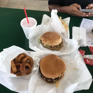 Pictured above is Champ&apos;s Famous Texas size steak sandwich. And below is Champ Burger Double meat.