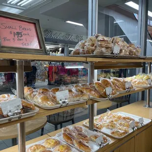 a display of pastries in a bakery