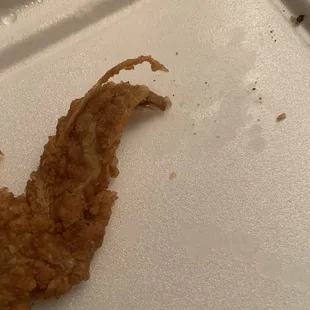NASTY FEATHERS ON CHICKEN I KNOW THEY DID NOT CLEAN THIS MEAT IN THE GARBAGE THE MEAL GOES NO COLD SLAW THAT WAS PAID FOR SERIOUSLY.