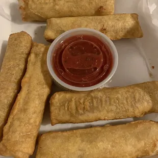 Egg roll wrapped mozzarella sticks.