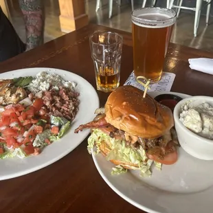 Cobb salad and champion burger with bacon.