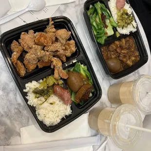 Popcorn chicken rice box, braised minced pork rice box, and milk tea