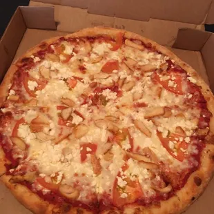 Ordered a large Greek pizza with chicken instead of olives