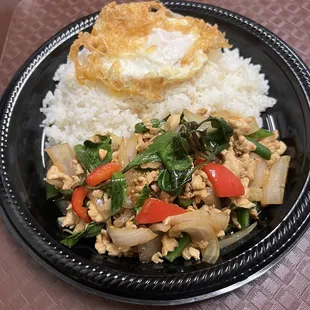 Spicy Basil over Rice        
 ( Egg On top)
   (For Lunch)