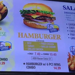 a menu for a hamburger and fries