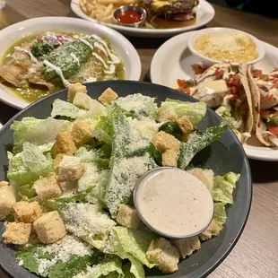 Caesar Salad, Baja Fish Tacos, Cheesy Chicken Enchiladas, Double Cheeseburger