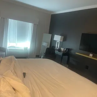 Bed, TV, desk and roll chair and big sitting chair, full-size mirror.