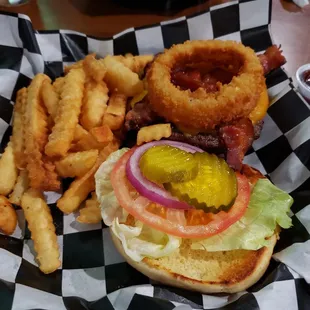BBQ Bacon Cheeseburger and crinkle cut fries