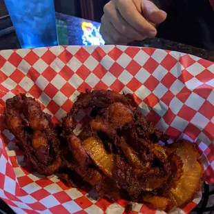 This is the pile of burnt onion rings I got.